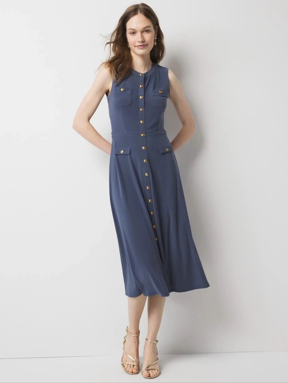 NEW White House Black Market Sleeveless Jersey Crest Button Midi Dress Size 0 - Picture 9 of 9